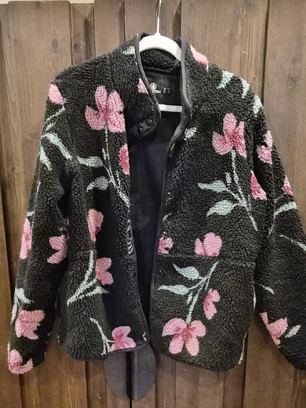 Volcom Black Sherpa Jacket with Pink Floral Print
